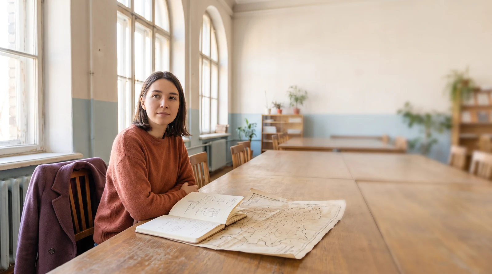 Person seated with a notebook and a map at a long table