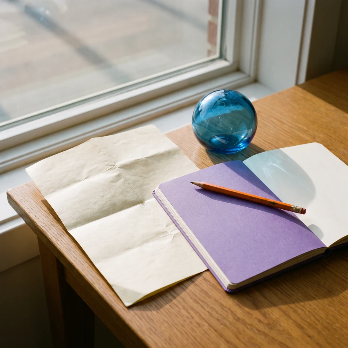 A purple notebook and pencil by a blue glass object on a desk