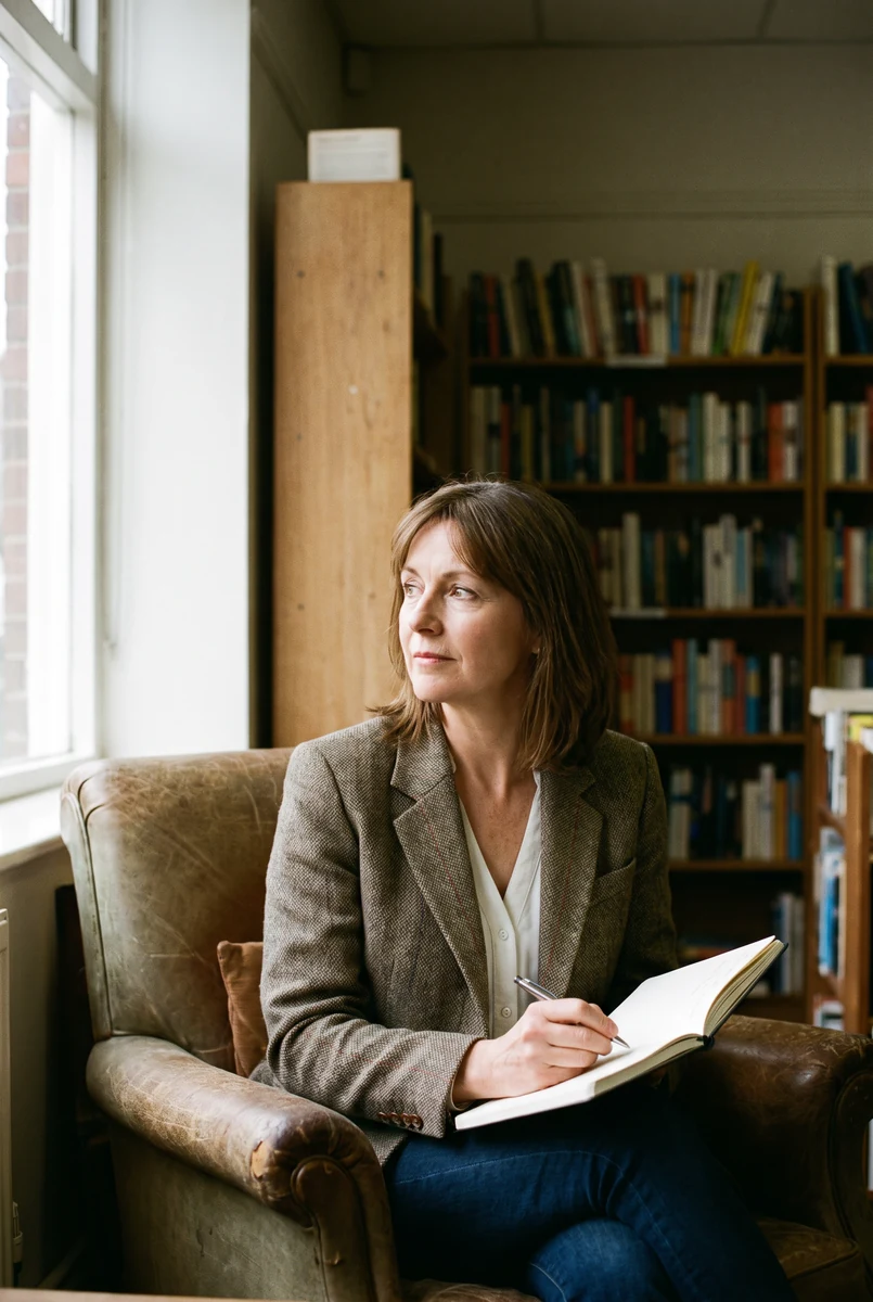 Person writing in a notebook beside bookshelves