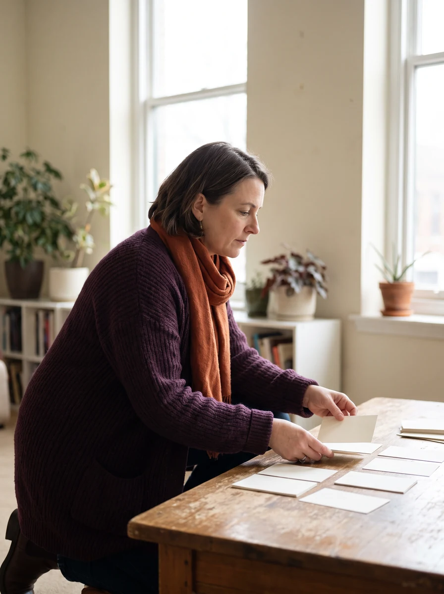 Person arranging small blank cards on a table