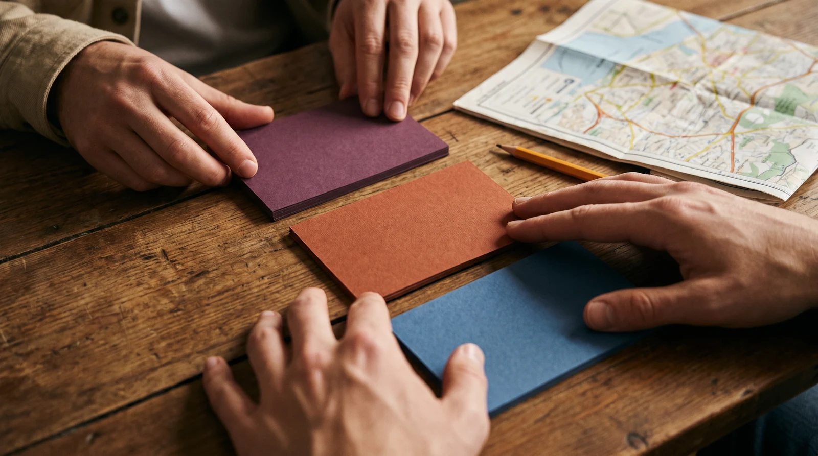 Hands placing aubergine, rust and blue notebooks beside a map