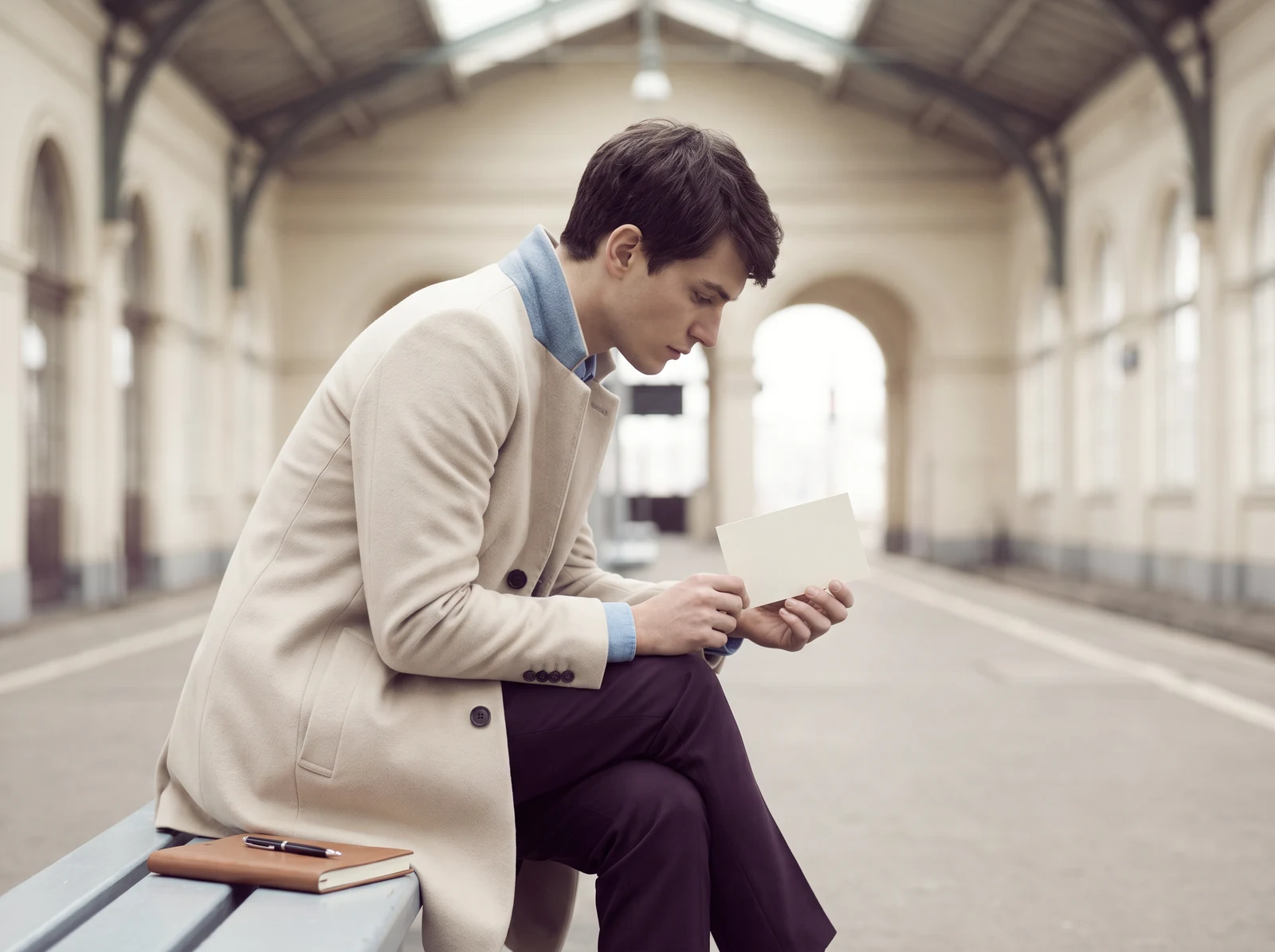 Person considering a note while seated at a station