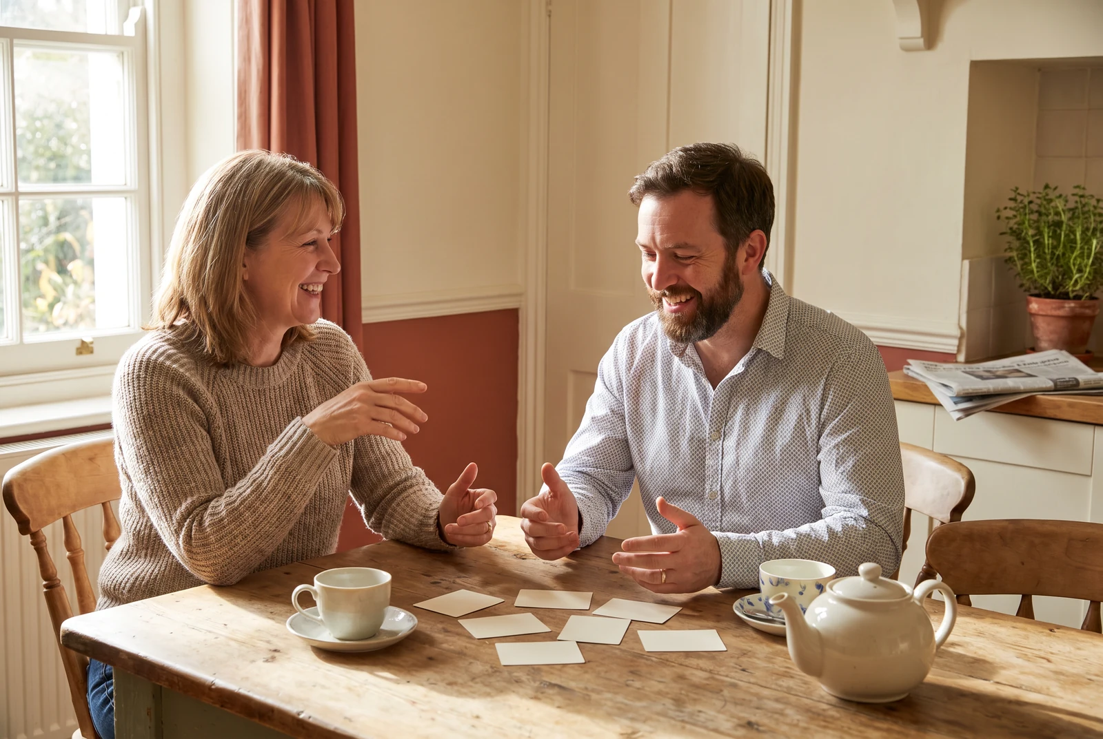 Two people talking around a wooden table with notes